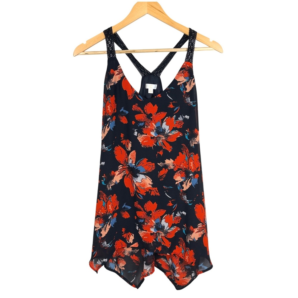 Cato Womens Floral Lace Asymmetrical Tank Top Handkerchief Hem Size L Black Boho
